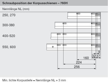 MOVENTO mit BLUMOTION S, Vollauszug für Holzschubkasten, 40 kg, NL=300mm, ohne Kupplungen, für Blumotion, 760H3000S